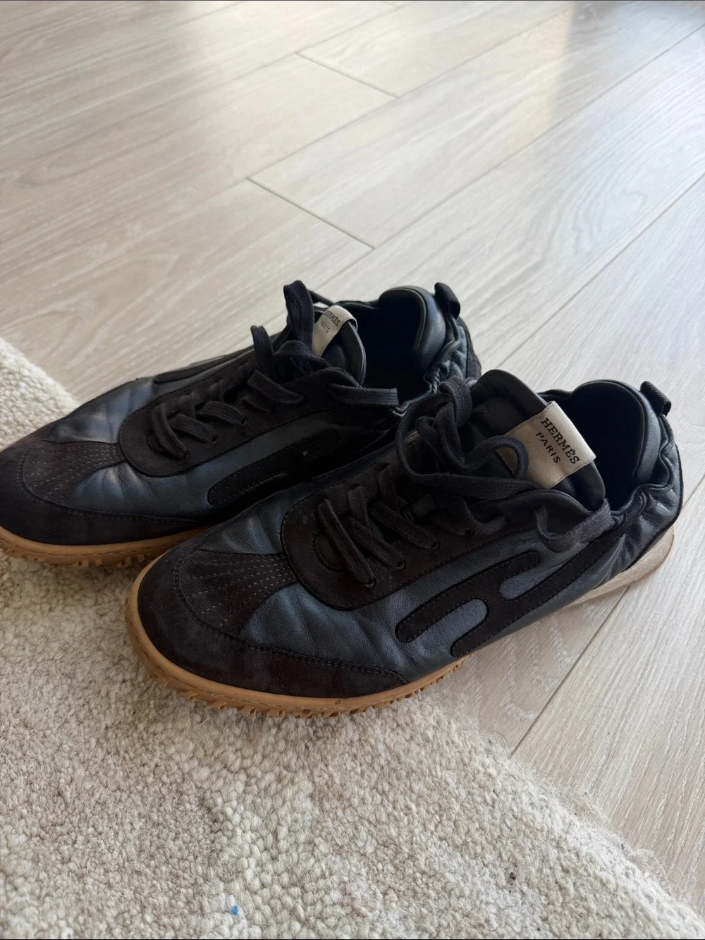 Hermes Black Leather & Suede Sneakers with Gum Sole